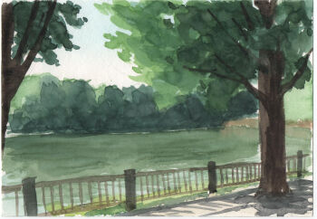 blue_sky day fence forest fumeshi highres iron_fence nature no_humans original outdoors painting_(medium) path pond reflection reflective_liquid road scenery shadow sky sunlight traditional_media tree water watercolor_(medium)