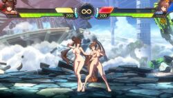 2girls 3d animated breasts brown_eyes brown_hair dnf_duel dungeon_and_fighter female_fighter_(dungeon_and_fighter) female_nen_master_(dungeon_and_fighter) female_striker_(dungeon_and_fighter) hair_bun highres multiple_girls nipples nude nude_filter nude_mod ponytail red_eyes sound tagme third-party_edit twintails video