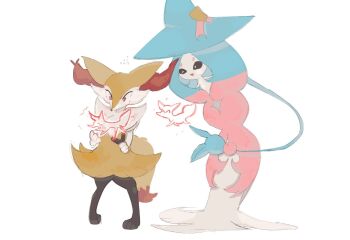 2girls :d animal_ear_fluff animal_ears animal_feet black_fur black_sclera blue_hair body_fur braixen colored_sclera colored_skin digitigrade draw_pann33 drawing_(action) fox_ears fox_girl fox_tail full_body furry furry_female gen_6_pokemon gen_8_pokemon hat hatterene long_hair looking_at_another marker multicolored_fur multicolored_hair multiple_girls neck_fur nintendo open_mouth pink_hair pokemon pokemon_(creature) prehensile_hair red_eyes simple_background smile snout standing tail white_background white_eyes white_fur white_skin witch_hat yellow_fur