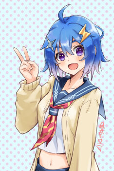 Rule 34 | 1girl, absurdres, ahoge, blue hair, blue pupils, blue sailor collar, blush, collared shirt, commentary request, dot nose, hair ornament, highres, indie virtual youtuber, jacket, kow (kow0117), lightning bolt, lightning bolt hair ornament, lightning bolt symbol, long sleeves, midriff, navel, neckerchief, open clothes, open jacket, open mouth, polka dot, polka dot background, purple eyes, sailor collar, shirt, short hair, signature, smile, solo, star (symbol), star hair ornament, two-tone neckerchief, v, virtual youtuber, white shirt, yellow jacket, yuccho