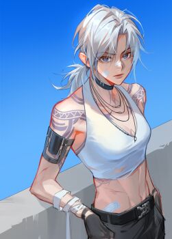 1girl absurdres arm_guards arm_rest bandaged_arm bandages bandaid bandaid_on_cheek bandaid_on_face bandaid_on_nose bare_shoulders belt blue_background blue_eyes breasts chest_tattoo choker cleavage crop_top day gloves grey_gloves halterneck highres jewelry lccdi long_hair looking_at_viewer low_ponytail medium_breasts midriff necklace path_to_nowhere photoshop_(medium) ponytail shoulder_tattoo sky solo tank_top tattoo toned white_hair zoya_(path_to_nowhere)