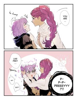 2girls @_@ bernadetta_von_varley blush braid braided_ponytail closed_mouth comic dark-skinned_female dark_skin darkgreyclouds english_text fire_emblem fire_emblem:_three_houses from_side garreg_mach_monastery_uniform highres hood hood_down long_hair long_sleeves multiple_girls nintendo open_mouth petra_macneary ponytail purple_hair rabbit short_hair wavy_mouth