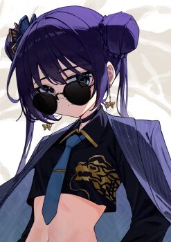 1girl absurdres belt black_pants blue_archive blue_necktie cropped_jacket double_bun dragon_print full_body grey_eyes grey_halo hair_bun halo high_heels highres jacket jacket_on_shoulders kisaki_(blue_archive) long_hair midriff munbinggu navel necktie pants solo striped_clothes sunglasses