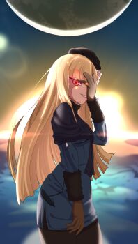 1girl backlighting beret black_hat blonde_hair blue_dress blue_jacket blue_scarf breasts brown_gloves brown_pantyhose cropped_jacket darkkin dress fate/grand_order fate_(series) flower fur_collar gloves glowing glowing_eyes grey_flower grey_rose grin hat highres jacket long_hair long_sleeves looking_at_viewer moon ocean pantyhose red_eyes reines_el-melloi_archisorte rose scarf sidelocks sky small_breasts smile sunset tilted_headwear