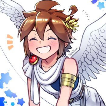 1boy ^_^ ahoge ancient_greek_clothes angel angel_wings armlet artist_name blue_background brown_hair closed_eyes collarbone commentary feathered_wings gold_armlet greco-roman_clothes grin hair_between_eyes jewelry kid_icarus kid_icarus_uprising laurel_crown leaning_forward male_focus nintendo pit_(kid_icarus) scarf short_hair sidelocks single_bare_shoulder smile solo spiked_hair star_(symbol) star_symbol_background twitter_username v-shaped_eyebrows waffuum white_scarf white_wings wings