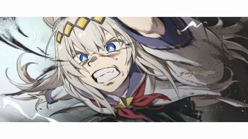 1girl animal_ears blue_eyes blue_sailor_collar blue_skirt brooch clenched_teeth commentary ear_ornament giragira_egao grey_hair hair_between_eyes hair_ornament hairband horse_ears horse_girl horse_tail jacket jewelry long_hair long_sleeves neckerchief oguri_cap_(starlight_beat)_(umamusume) oguri_cap_(umamusume) open_mouth pleated_skirt red_neckerchief running sailor_collar shirt skirt solo star_brooch sweat symbol-only_commentary tail teeth umamusume white_jacket white_shirt