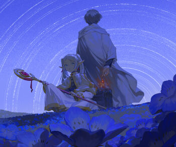 1boy 1girl absurdres antiquewhite back black_shirt blue_eyes blue_flower blue_hair blue_theme boots brown_boots buttons cape closed_mouth coat commentary_request dress earrings elf fingernails flower frieren gem gradient_sky grave grey_hair hand_up highres himmel_(sousou_no_frieren) holding hood hooded_coat jewelry long_hair long_sleeves looking_at_another mage_staff night night_sky outdoors pink_gemstone pointy_ears purple_sky shirt short_hair sidelocks sitting sky sousou_no_frieren staff standing star_trail striped_clothes striped_dress twintails white_cape white_coat white_dress wide_sleeves