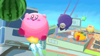 Rule 34 | blush stickers, cara 12563, colored skin, commentary request, food, fruit, green skin, highres, kirby, kirby's dream buffet, kirby (series), kirby air ride, kirby air riders, meta knight, nintendo, omelet, outdoors, pink skin, shadow star, smile, warp star, watermelon, wheelie (kirby), wheelie scooter, wing star, yellow skin