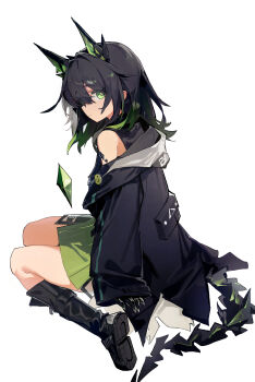 1girl absurdres arknights bare_shoulders black_boots black_hair black_jacket black_tail boots bright_pupils chinese_commentary closed_mouth commentary_request crystal full_body green_eyes green_hair highres horns jacket knee_boots looking_at_viewer maochibuqihuyu material_growth medium_hair mon3tr_(arknights) multicolored_hair off_shoulder oripathy_lesion_(arknights) profile shoe_soles simple_background sitting sleeves_past_wrists solo streaked_hair tail wariza white_background white_pupils