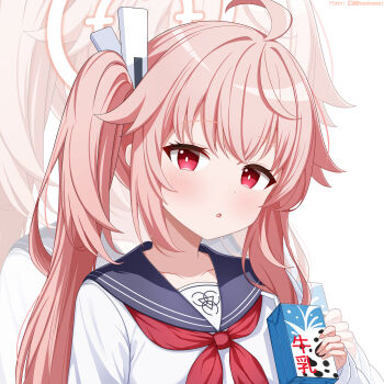 1girl absurdres ahoge blue_archive blue_sailor_collar collarbone drink_carton halo highres holding holding_milk_carton huanyi_huanhuanzi long_hair looking_at_viewer milk_carton natsu_(blue_archive) neckerchief parted_lips pink_hair pink_halo pixiv_username red_eyes red_neckerchief sailor_collar school_uniform shirt side_ponytail solo upper_body white_background white_shirt