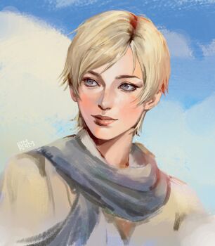 1girl absurdres artist_name blonde_hair blue_eyes blue_scarf closed_mouth cloud cloudy_sky collarbone commentary english_commentary highres light_blush mature_female portrait resident_evil resident_evil_6 rimari_(rimri4mm) scarf sherry_birkin shirt short_hair sketch sky solo upper_body white_shirt