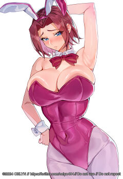 1girl 2024 animal_ears armpits arms_behind_head artist_name bare_shoulders blue_eyes blush bow breasts celyn404 code_geass collarbone cuffs fake_animal_ears fake_bunny_ears hand_on_own_hip highres kouzuki_kallen large_breasts leotard parted_bangs pink_leotard playboy_bunny red_bow red_hair white_background wrist_cuffs