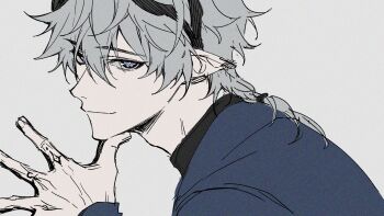 Rule 34 | 1boy, ardashir (arknights), arknights, arknights: endfield, black horns, black shirt, blue jacket, commentary request, dalnodo, ear covers, from side, grey background, grey hair, hashtag-only commentary, highres, horns, jacket, long hair, looking at viewer, low ponytail, male focus, parted hair, piercing, pointy ears, ponytail, shirt, short hair, single ear cover, solo, turtleneck, twitter username