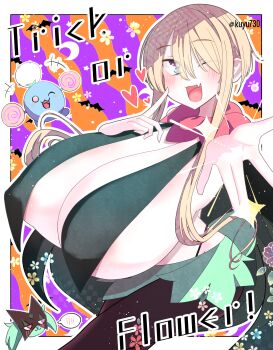 1girl areola_slip blonde_hair blush border breast_curtains breasts english_text fang female_focus gen_2_pokemon gigantic_breasts hair_between_eyes jumpluff kuyu730 long_hair looking_at_viewer meowscarada meowscarada_(cosplay) nintendo one_eye_closed open_mouth original outline pale_skin pokemon shiny_skin skin_fang smile standing white_border white_outline wink