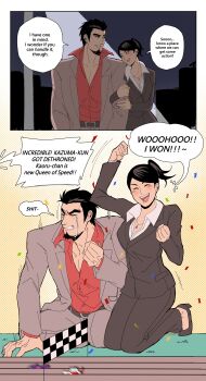 Rule 34 | 1boy, 1girl, arm hug, arm support, arm up, beard, black eyes, black hair, blush, clenched hands, crying, english text, facial hair, flirting, formal clothes, happy, high heels, highres, kiryu kazuma, kneeling, legs, office lady, open mouth, pants, parted lips, pink lips, ponytail, racing, ryuu ga gotoku (series), sayama kaoru, sega, smile, teeth, thighs, tongue, toy car, victory pose