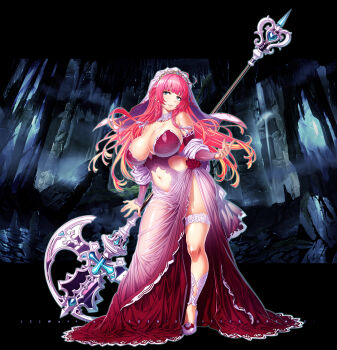 1girl absurdres axe battle_axe blue_eyes breasts clothing_cutout commentary_request detached_collar double-sided_axe dress eden's_ritter_grenze frilled_thigh_strap high_heels highres hip_vent huge_breasts long_hair looking_at_viewer navel navel_cutout pink_dress pink_hair ryunon_(eden's_ritter) sakuya_tsuitachi solo strapless strapless_dress thigh_strap veil weapon