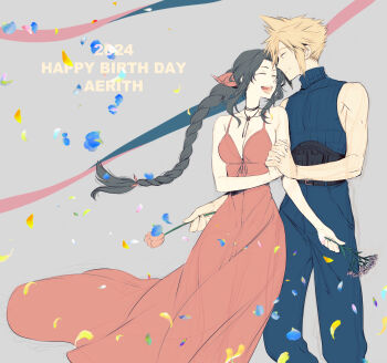 absurdres aerith_gainsborough bare_arms bare_shoulders belt blonde_hair blue_pants blue_petals blue_shirt braid braided_ponytail breasts brown_belt brown_hair character_name choker cleavage closed_mouth cloud_strife couple cowboy_shot dress falling_petals feet_out_of_frame final_fantasy final_fantasy_vii final_fantasy_vii_rebirth final_fantasy_vii_remake flower flower_choker grey_background hair_ribbon happy happy_birthday hetero highres holding holding_flower holding_hands interlocked_fingers long_dress long_hair looking_at_another medium_breasts open_mouth pants parted_bangs petals pink_dress pink_flower pink_ribbon ribbon shirt shiyu.jyoukou short_hair sidelocks single_braid sleeveless sleeveless_turtleneck smile spiked_hair turtleneck wavy_hair yellow_petals