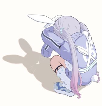 Rule 34 | 1girl, animal ears, apron, cat shadow puppet (meme), fake animal ears, fake tail, from behind, full body, gradient hair, hetj5235, highres, jacket, meme, multicolored hair, purple hair, rabbit ears, rabbit tail, shadow puppet, shoes, socks, solo, squatting, tail, tosaki mimi, tosaki mimi (4th costume), track jacket, twintails, virtual youtuber, vspo!, waist apron, white background, white socks