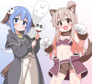 2girls :3 :d ahoge animal_ears animal_hands black_robe blue_background blue_eyes blue_hair blush brown_eyes brown_shorts c: claws colored_inner_hair commentary dog_ears dog_girl dog_tail fang flat_chest fujimi_nemu fur-trimmed_gloves fur_trim ghost gloves gradient_background grey_hair hair_between_eyes hair_ornament highres holding holding_staff long_hair looking_at_viewer multicolored_hair multiple_girls navel onii-chan_wa_oshimai! open_mouth oyama_mahiro paw_gloves paw_pose pink_background pink_hair robe sakuzo short_hair short_shorts shorts simple_background skin_fang skull_hair_ornament smile staff stomach strapless tail tube_top two-tone_hair
