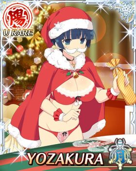 1girl blue_eyes blue_hair border bow bow_panties bowl_cut breasts cape card_(medium) character_name christmas christmas_ornaments christmas_tree cleavage fake_facial_hair fake_mustache fur-trimmed_cape fur-trimmed_headwear fur_trim game_cg gift groin hat large_breasts leaning_forward official_art panties red_cape santa_bra santa_hat santa_panties senran_kagura senran_kagura_new_wave short_hair solo third-party_source underwear yozakura_(senran_kagura)