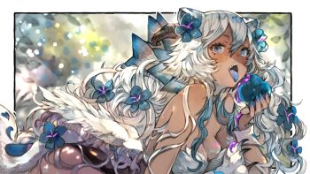 1girl absurdly_long_hair all_fours apple bare_arms blue_eyes blue_flower blue_nails blue_tongue border borrowed_character breasts cleavage colored_tongue commission cowboy_shot crawling dappled_sunlight dark-skinned_female dark_skin double-parted_bangs eating flipped_hair flower foliage food from_side fruit hair_flower hair_ornament hand_up highres holding holding_food holding_fruit kemomin_nosuke leotard long_hair looking_to_the_side low_wings material_growth medium_breasts mini_wings mushroom nail_polish no_nose original purple_liquid second-party_source sharp_teeth solo sunlight teeth tongue tongue_out upper_teeth_only very_long_hair white_border white_tail white_wings wings wrist_cuffs