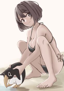 1girl animal aqua_eyes bare_arms bare_legs bare_shoulders barefoot bikini breasts brown_hair chakoru cleavage closed_mouth failure_penguin from_side full_body green_bikini highres kantai_collection looking_at_viewer maya_(kancolle) maya_(swimsuit)_(kancolle) medium_breasts short_hair simple_background smile squatting swimsuit toes white_background