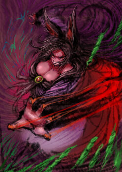 1girl 2b-ge animal_ears black_hair breasts brooch chinese_commentary cleavage clenched_teeth dress dynamic_pose eye_trail fingernails furrowed_brow glowing glowing_eyes gradient_background highres imaizumi_kagerou jewelry large_breasts light_trail long_hair magic off-shoulder_dress off_shoulder one-hour_drawing_challenge red_background red_eyes sharp_fingernails solo teeth touhou white_dress wolf_ears wolf_girl