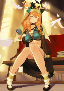 1girl absurdres animal_ear_headwear ankle_garter ankle_scrunchie bird black_choker black_footwear blue_archive bondage_outfit book bra braid chest_harness choker coif dove dress fake_animal_ears flower habit hair_flower hair_ornament halo harness highres holding holding_book long_hair looking_at_viewer low-braided_long_hair low-tied_long_hair mari_(blue_archive) mary_janes nun open_clothes open_dress orange_hair scrunchie shoes single_braid sitting smile socks underwear white_flower white_socks yellow_halo yuan_(xp1447998769)