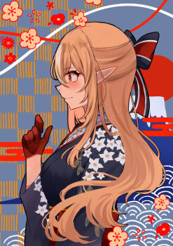 1girl absurdres blonde_hair blue_kimono bow checkered_background closed_mouth commentary dark-skinned_female dark_elf dark_skin egasumi elf floral_print floral_print_kimono from_side gloves hair_between_eyes hair_bow hand_up highres hololive japanese_clothes kimono long_hair looking_ahead multicolored_hair official_alternate_costume official_alternate_hairstyle pointy_ears print_kimono red_eyes red_gloves seigaiha shiranui_flare shiranui_flare_(new_year) sidelocks smile solo streaked_hair tukijika upper_body virtual_youtuber white_streaks