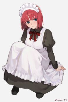 1girl absurdres apron artist_name black_dress black_shoes blue_eyes dress highres hisui_(tsukihime) knees_up long_sleeves looking_at_viewer maid maid_apron maid_headdress neck_ribbon puffy_long_sleeves puffy_sleeves red_hair red_ribbon ribbon shoes short_hair simple_background sitting solo sooon tsukihime twitter_username watermark white_apron white_background