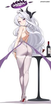 1girl absurdres ahoge alternate_costume artist_name ass back backless_leotard backless_outfit black_halo black_horns blue_archive blush bottle breasts closed_mouth cup demon_horns demon_wings drinking_glass from_behind full_body halo hand_on_own_thigh highleg highleg_leotard highres hina_(blue_archive) horns kneepits leotard loli long_hair looking_at_viewer looking_back low_wings multiple_horns paintlabor pantyhose playboy_bunny purple_eyes simple_background small_breasts smile solo split_mouth standing strapless strapless_leotard thighband_pantyhose twitter_username very_long_hair white_background white_hair white_leotard white_pantyhose white_wrist_cuffs wine_bottle wine_glass wings wrist_cuffs