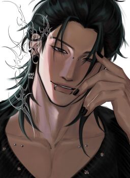 1boy aransmind artist_name black_hair black_nails black_sweater collarbone_piercing cyber_sigilism ear_piercing face_piercing getou_suguru hair_bun hair_over_eyes hair_over_shoulder hand_on_own_face highres ibispaint_(medium) jujutsu_kaisen light_smile lip_piercing long_hair nose_piercing parted_lips piercing plug_(piercing) portrait purple_eyes simple_background single_hair_bun sweater white_background