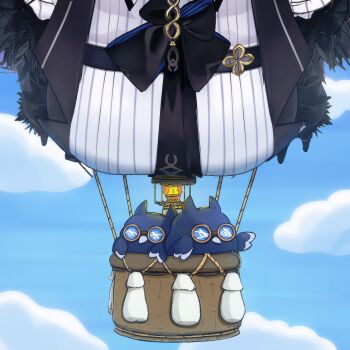 Rule 34 | 1girl, aircraft, black ribbon, blue sky, breasts, cloud, commentary, day, dress shirt, english commentary, fire, goggles, highres, hololive, hololive english, hot air balloon, jailbird (nerissa ravencroft), large breasts, nerissa ravencroft, nerissa ravencroft (1st costume), outdoors, ribbon, shirt, sidonie, sky, virtual youtuber, white shirt