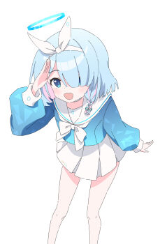 1girl :d arona_(blue_archive) bare_legs blue_archive blue_eyes blue_hair blue_halo blue_pupils blue_serafuku blush bow bow_hairband bowtie braid bright_pupils choker colored_inner_hair commentary feet_out_of_frame hair_over_one_eye hairband halo hand_up highres long_sleeves looking_at_viewer miniskirt multicolored_hair nyan_(float_495) open_mouth pink_hair pleated_skirt sailor_collar salute school_uniform serafuku short_hair simple_background single_braid skirt sleeve_cuffs smile solo standing streaked_hair two-tone_hair white_background white_bow white_bowtie white_choker white_hairband white_sailor_collar white_skirt