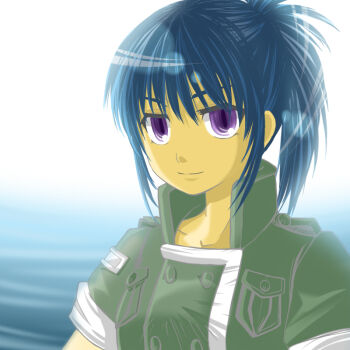 1girl blue_hair buttons closed_mouth commentary_request green_shirt high_ponytail leona_heidern long_hair looking_at_viewer ponytail purple_eyes ripples shirt smile solo suzuki_yuuma the_king_of_fighters upper_body water white_background