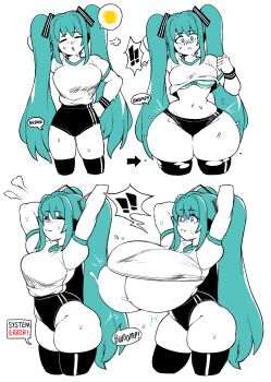 1girl absurdres aqua_eyes aqua_hair black_thighhighs bra breast_expansion breasts buruma clothes_lift dizzyspells gigantic_breasts gym_shirt gym_uniform hatsune_miku highres large_breasts long_hair navel shirt shirt_lift simple_background thick_thighs thighhighs thighs twintails underwear vocaloid white_background
