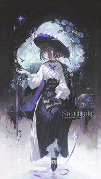 1girl absurdres bird birdcage black_gloves black_hair black_hat black_shoes black_suit book book_on_lap bow cage flower footwear_bow formal_clothes frills glasses gloves hair_ornament hairclip hat high-waist_skirt highres jacket jacket_on_shoulders jewelry layered_skirt long_sleeves open_book original pelvic_curtain profile puffy_long_sleeves puffy_sleeves purple_ribbon ribbon shirt shoes short_hair shuoye_saku side_slit sitting_in_window skirt solo suit watermark white_shirt window