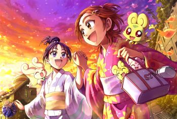 Rule 34 | 2girls, alternate hairstyle, bag, brown eyes, brown hair, building, choppy, cloud, cloudy sky, flappy (futari wa precure), futari wa precure splash star, gradient sky, hair ornament, hair scrunchie, hair up, hairclip, holding, holding bag, holding hands, hyuuga saki, japanese clothes, kimono, long hair, long sleeves, looking at another, mishou mai, multiple girls, nakajima majikana, obi, open mouth, orange sky, outdoors, pink kimono, precure, purple eyes, purple hair, purple scrunchie, purple sky, sash, scrunchie, short hair, sky, smile, sparkle, standing, twilight, white kimono, wide sleeves, yukata