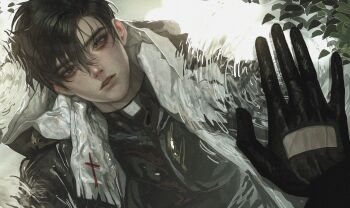 1boy absurdres aegyo_sal black_gloves black_hair black_jacket black_shirt bush commentary cow_horns crew_neck cross gloves green_eyes highres hood hood_down horns jacket looking_at_reflection male_focus meltoring original parted_lips pectorals pov reaching reflection reflection_focus ripples scarf shirt short_hair solo symbol-only_commentary torn_clothes upper_body white_scarf