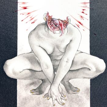 1girl bleeding blood blood_splatter breasts commentary_request completely_nude decapitation facing_viewer full_body guro highres injury long_tongue meimaro nude original painting_(medium) small_breasts solo squatting teeth tongue tongue_out traditional_media yellow_nails