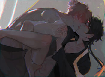 2boys blush closed_eyes genshin_impact hand_on_another's_head hand_on_another's_shoulder hand_on_another's_thigh highres holding_person kiss lifting_person multiple_boys necha_n tartaglia_(genshin_impact) topless_male yaoi zhongli_(genshin_impact)