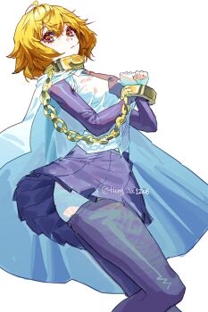 1girl :< absurdres black_necktie black_skirt black_sleeves black_thighhighs blonde_hair cape chain closed_mouth collar commentary cuffs don_quixote_(project_moon) english_commentary highres hong_sa index_(identity)_(project_moon) limbus_company looking_at_viewer necktie pleated_skirt project_moon shackles shirt short_hair simple_background skirt solo thighhighs white_background white_cape white_shirt