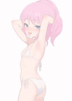 1girl aikatsu!_(series) aikatsu_stars! armpits arms_behind_head arms_up ass bare_arms bikini blue_eyes blush breasts cowboy_shot flat_ass flat_chest loli looking_at_viewer micro_bikini moke_(moke_dayo) nose_blush open_mouth pink_hair ponytail sakuraba_rola short_hair side-tie_bikini_bottom simple_background small_breasts solo standing string_bikini swimsuit tongue tongue_out white_background white_bikini