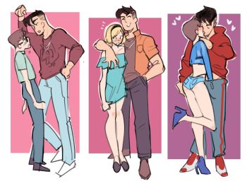 Rule 34 | 2boys, against wall, aqua dress, ass, black hairband, blonde hair, brown shoes, bulge, closed eyes, commentary, crossdressing, crossdressing (mtf), denim, denim shorts, dress, embarrassed, english commentary, grabbing another's chin, hairband, hand in another's clothes, hand on another's chin, hand on own hip, heart, high heels, highres, jacket, kiss, micro shorts, multiple boys, not enough milk, one leg raised, orange jacket, original, pectoral grab, penis grab, progression, round eyewear, scared, shoes, shorts, simple background, standing, tongue, tongue out, white shoes