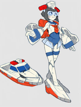 1girl android autobot female_focus glowing headgear hovercraft humanoid_robot insignia joints kamizono_(spookyhouse) machine machinery mecha mecha_musume original personification robot robot_ears robot_joints school_uniform science_fiction ship short_hair smile solo thighhighs transformers vehicle watercraft