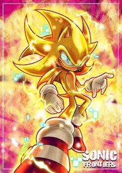 1boy aura blue_eyes commentary electricity english_commentary eye_trail full_body highres kenzaiphx light_trail male_focus purple_background red_shoes shoes solo sonic_(series) sonic_frontiers sonic_the_hedgehog super_sonic super_sonic_2