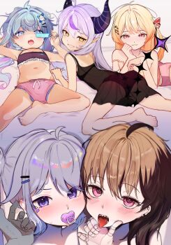 5girls ahoge blonde_hair blue_eyes blue_hair dolphin_shorts ffi1ffi1 food fortissimo gem gigi_murin grey_hair grin hair_ornament hairclip highres hololive hololive_english horns koseki_bijou la+_darknesss loli long_hair lying mizumiya_su multicolored_hair multiple_girls musical_note musical_note_hair_ornament navel nightgown on_back on_bed open_mouth orange_eyes otonose_kanade pacifier panties popsicle purple_eyes purple_hair sharp_teeth shorts smile strap_slip tail teeth tongue tongue_out underwear virtual_youtuber