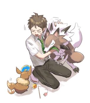 1boy :d afterimage brown_hair cat_teaser closed_eyes collared_shirt commentary_request danganronpa_(series) danganronpa_2:_goodbye_despair eevee gen_1_pokemon gen_7_pokemon green_necktie highres hinata_hajime kneeling lycanroc lycanroc_(midday) male_focus motion_lines necktie nintendo open_mouth pants pokemon pokemon_(creature) shirt shoes short_hair smile tail tail_wagging tftf649e twitter_username watermark
