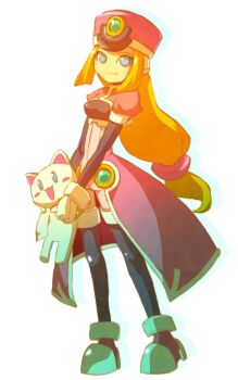 Rule 34 | 1girl, black pantyhose, blonde hair, blue eyes, breasts, coat, commentary request, gloves, hat, highres, holding, holding stuffed toy, layered sleeves, long hair, long sleeves, low-tied long hair, maro maronomaro, mega man (series), mega man zx, pantyhose, pink coat, pink hat, pink shoes, prairie (mega man), puffy short sleeves, puffy sleeves, robot ears, shako cap, shoes, short over long sleeves, short sleeves, smile, solo, stuffed animal, stuffed cat, stuffed toy, v arms, white gloves