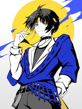Rule 34 | 1216767974xue, 1boy, absurdres, alternate costume, asaba harumasa, black hair, blue sweater, border, closed mouth, collar, commentary, cowboy shot, earrings, grey background, grey pants, hand up, highres, holding, holding plectrum, jewelry, looking at viewer, male focus, necklace, pants, parted bangs, plectrum, round border, shirt, short hair, solo, spiked collar, spikes, sweater, two-tone background, white shirt, yellow background, yellow eyes, zenless zone zero